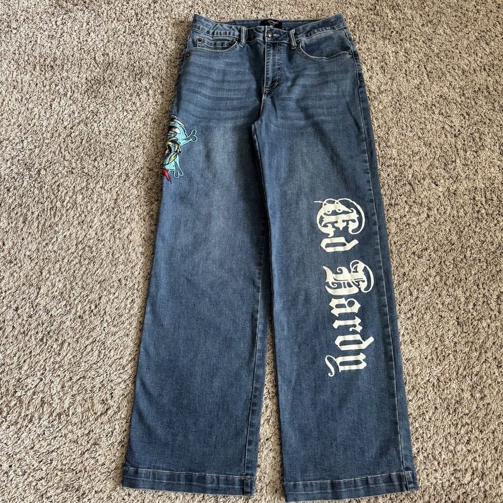 Ed Hardy Y2K Wide Leg Jeans 30 Mid Rise Embroidered Spellout Stacked Streetwear‎